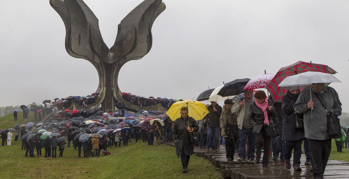 Croatian Jews, Serbs, anti-fascists, Roma gather at the Croatian WWII death camp Jasenovac on 12 April 2019