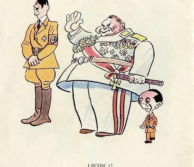 The Aryan type: Blond as Adolf Hitler, thin as Hermann Wilhelm Goering and tall as Joseph Goebbels - Illustration by Bernard Aldebert (cca 1945)